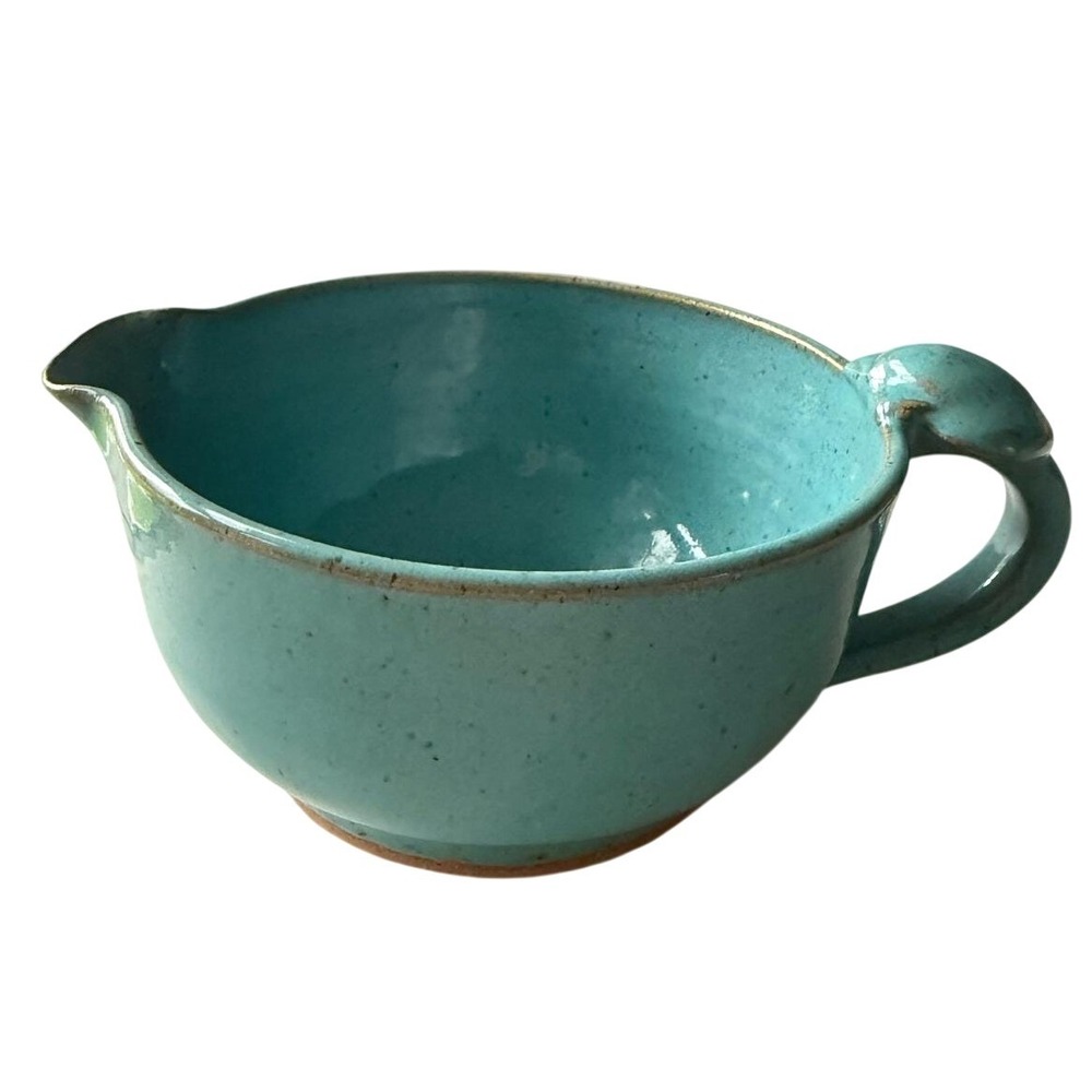 Vintage Signed DW Stoneware Batter Bowl Seashell Handle Teal Pottery - Picture 5 of 9